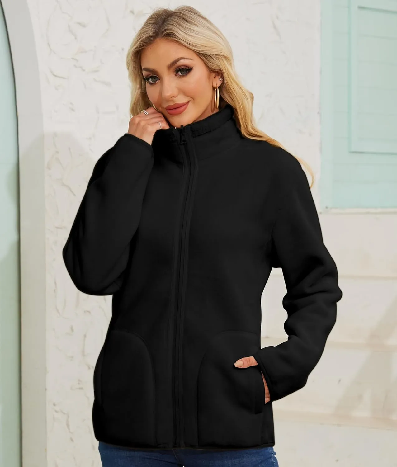 Women's Fleece Sherpa Jacket Full Zip Winter Warm Long Sleeve Reversible Coat Lightweight Soft With Pockets