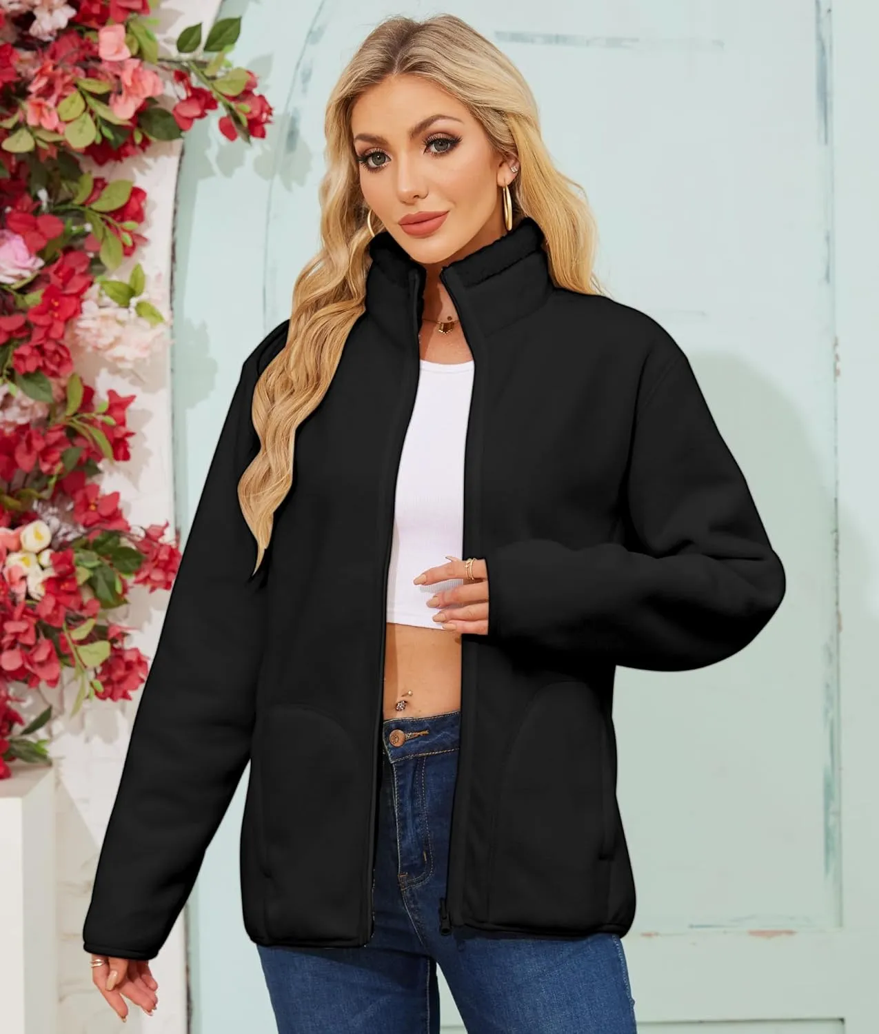 Women's Fleece Sherpa Jacket Full Zip Winter Warm Long Sleeve Reversible Coat Lightweight Soft With Pockets