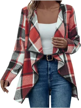 Womens Plaid Shawl Collar Cardigan Sweaters Long Open Front Flannel Jacket Buffalo Plaid Shacket Fashion Fall Outfits