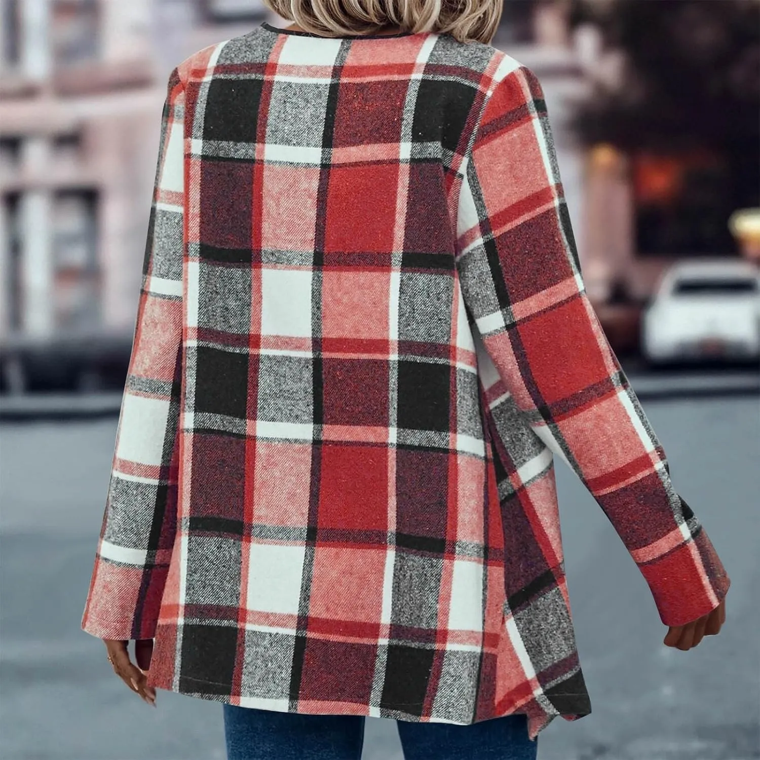 Womens Plaid Shawl Collar Cardigan Sweaters Long Open Front Flannel Jacket Buffalo Plaid Shacket Fashion Fall Outfits