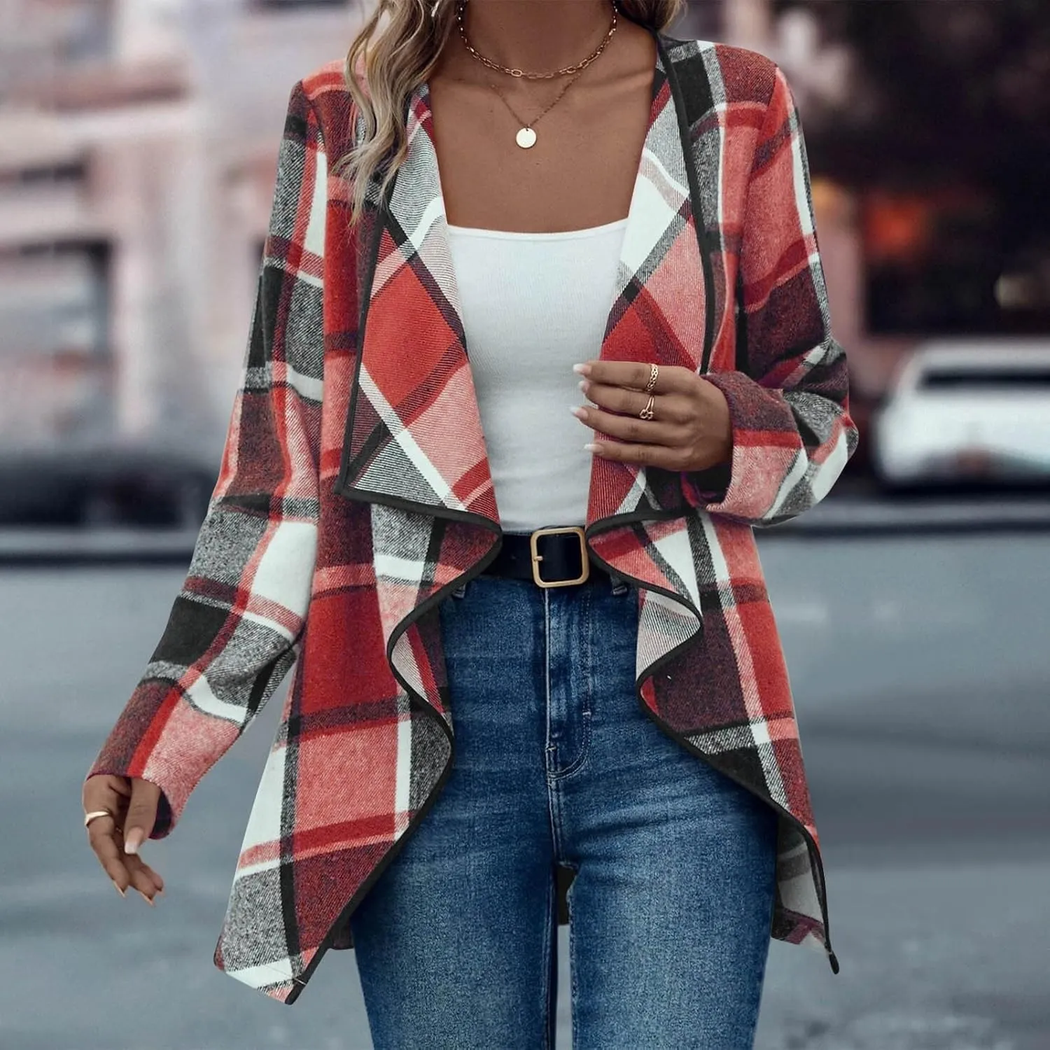Womens Plaid Shawl Collar Cardigan Sweaters Long Open Front Flannel Jacket Buffalo Plaid Shacket Fashion Fall Outfits