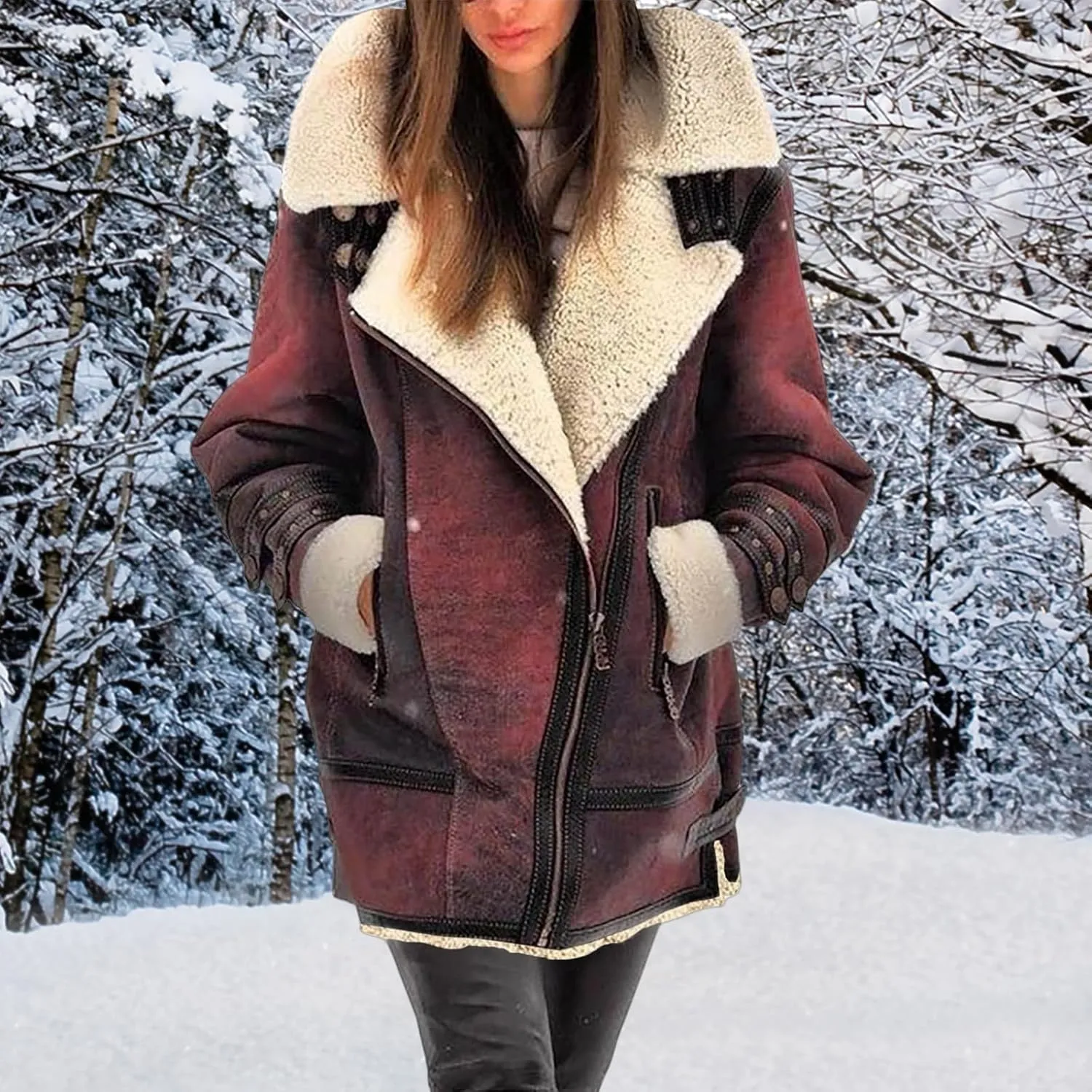 Womens Sherpa Lined Jacket Faux Leather Suede Jacket Casual Zip Up Winter Coat Moto Jacket Plus Size Warm Coat