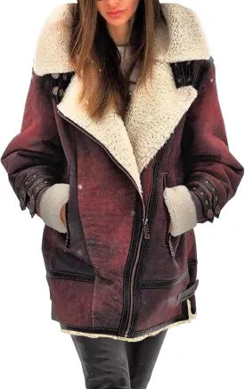 Womens Sherpa Lined Jacket Faux Leather Suede Jacket Casual Zip Up Winter Coat Moto Jacket Plus Size Warm Coat