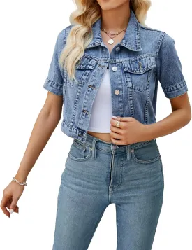Womens Short Sleeve Denim Jacket Lapel Button Down Cropped Trucker Jean Jackets Coats