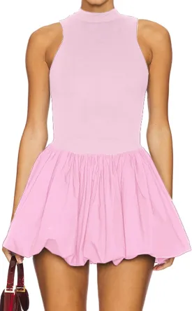 Women's Summer Bubble Mini Dress Sexy Mock Neck Sleeveless Tank Dress Party Club Bodycon Short Dresses