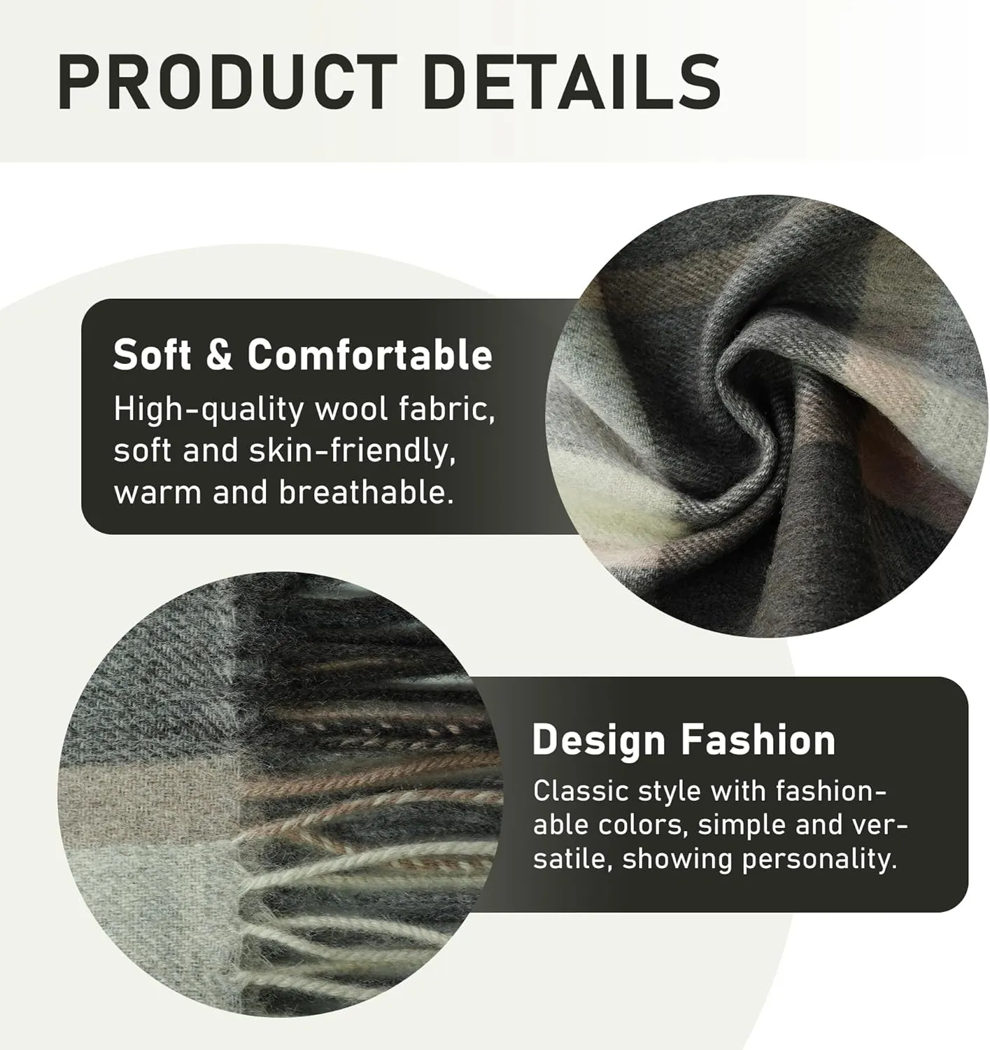 Wool Plaid Scarf for Men and Women, Elegant Lightweight Wrap Shawl, Unisex Warm Winter Womens Mens Scarves Wool