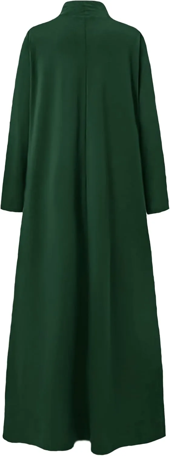 WSPLYSPJY Women Girls High Neck Long Sleeve Abaya Muslim Dress Solid Color Prayer Clothes Islamic Robe