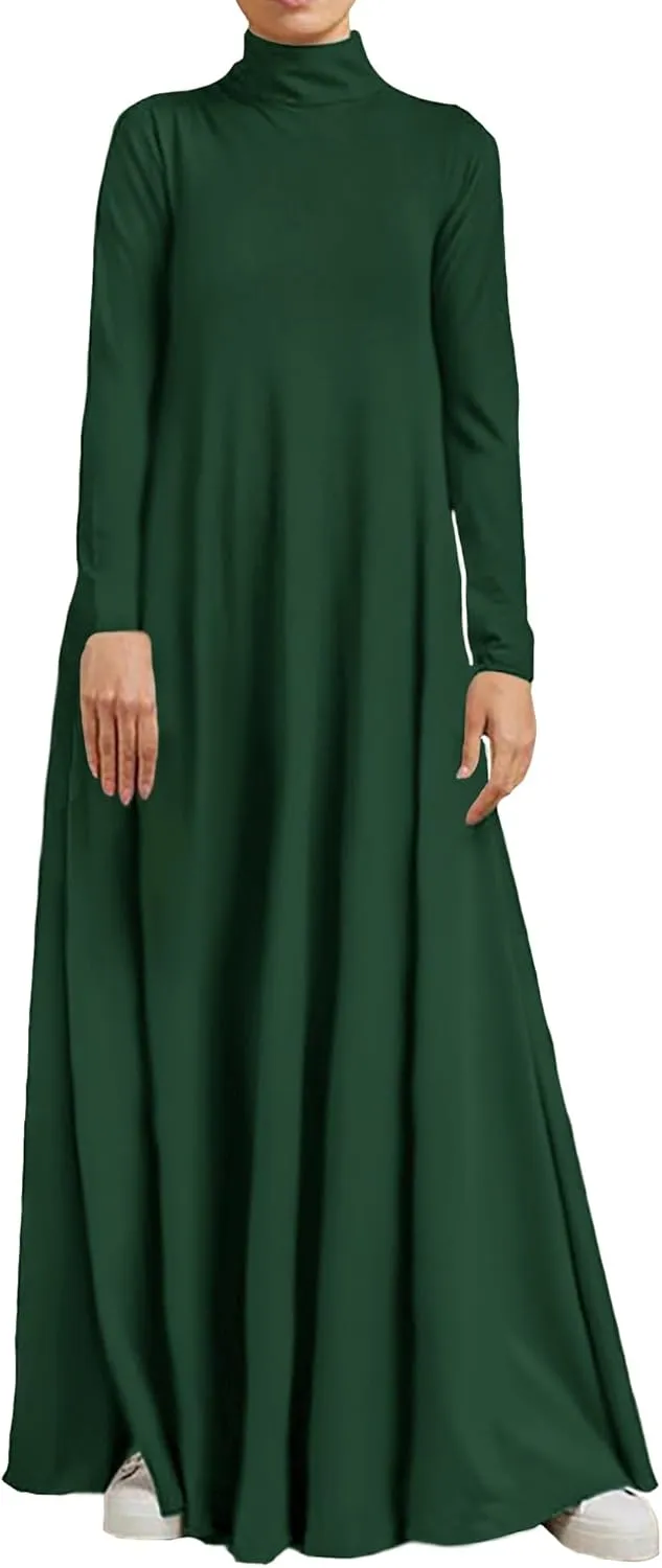 WSPLYSPJY Women Girls High Neck Long Sleeve Abaya Muslim Dress Solid Color Prayer Clothes Islamic Robe