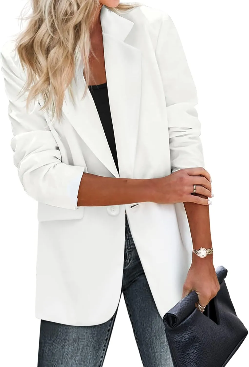 Zeagoo Womens Casual Blazers Pockets Long Sleeve Open Front Work Office Jackets Lapel Button Long Blazer Suit for Bussiness