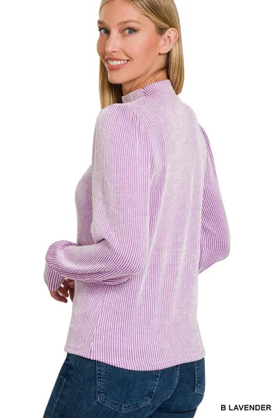 Zenana Ribbed Mock Neck Puff Long Sleeve Top